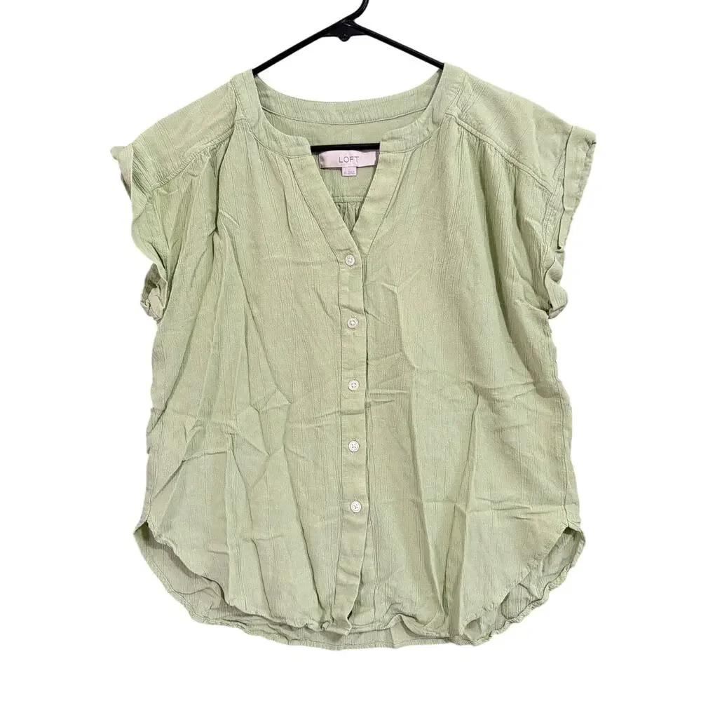 LOFT Womens Blouse Green Cap Sleeve Button Down V Neck Linen Blend XS